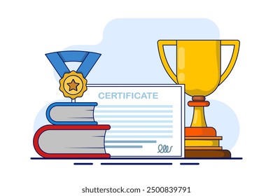 Gold trophy with certificate and book, graduation award pedestal with trophy, graduate hat and certificate. The Path to Success. School education icon, flat vector illustration on background.