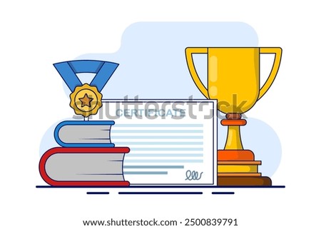 Gold trophy with certificate and book, graduation award pedestal with trophy, graduate hat and certificate. The Path to Success. School education icon, flat vector illustration on background.