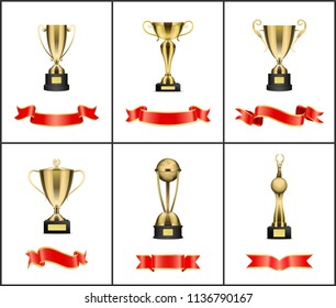 Gold trophy cup, award with red ribbons vector decoration. Goblet with handles, shaped statuette with earth and man with wreath icons, scroll strips