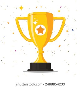 Gold trophy cup with confetti flat vector illustration design isolated on white background.