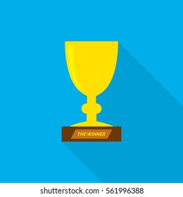 Gold trophy cup in flat design. Cup icon on blue background with long shadow. Vector illustration.