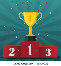 Gold Trophy Cup On Prize Podium -vector Illustration