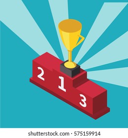 Gold trophy Cup on prize podium -vector illustration