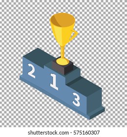 Gold trophy Cup on prize podium on transparent background -vector illustration