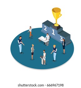 Gold trophy Cup on prize podium and vector isometric business people. -vector illustration