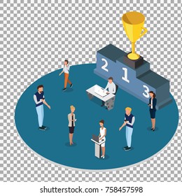 Gold trophy Cup on prize podium and vector isometric business people on transparent background. -vector illustration