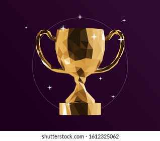 Gold Trophy Cup on Purple Background. Shiny Metallic Golden Low Poly Vector 3D Rendering