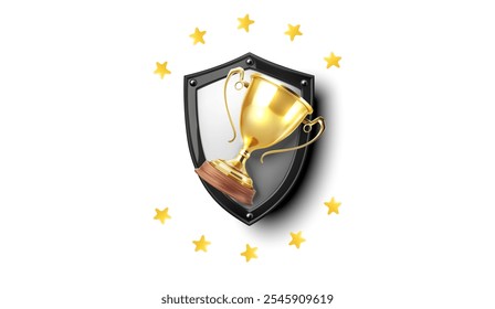 Goldene Trophäe auf Schild-Hintergrund mit umliegenden Sternen, symbolisiert Leistung, Ehre und Exzellenz. Vektorgrafik