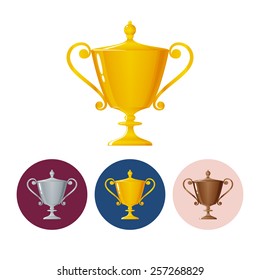 Gold trophy cup on white background , set of three round colorful icons  cup of winner, vector illustration