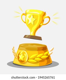 Gold trophy Cup on winners podium and shine. Prizes for the Champions. First place award. Vector illustration in trendy flat style isolated on white background for poster, web banner or greeting card