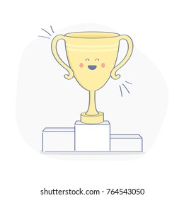 Gold trophy cup, prize on winners podium. Championship, victory, achievement, success icon concept. Flat outline vector illustration.
