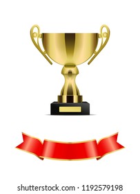 Gold trophy cup with red ribbon vector decoration icon. Shiny goblet with curly handles on pedestal, with glossy shaped and scroll string at bottom