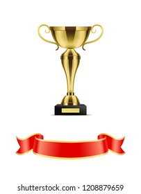 Gold trophy cup with red ribbon vector decoration icon. Shiny goblet with curly handles on pedestal, with glossy shaped and scroll string at bottom