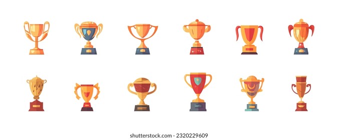Gold trophy cup set flat cartoon isolated on white background. Vector illustration