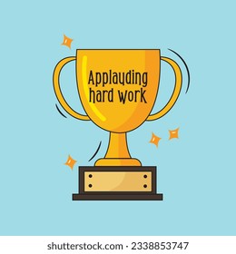Gold trophy cup with shining star around in cartoon style illustration vector