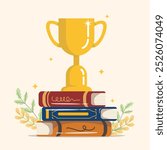 Gold trophy cup with stack of books, Winner prize goblet. Learn and succeed concept.