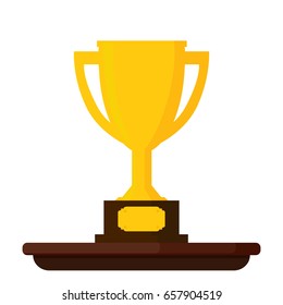 Gold trophy cup standing on a wooden table isolated on white background. Vector illustration icon.