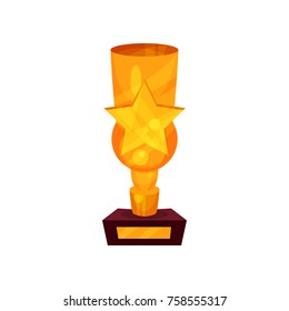 Gold trophy cup with star, golden first place prize cartoon vector Illustration