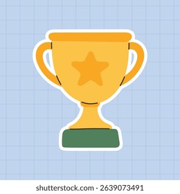 Gold trophy cup sticker with star icon and green base — flat vector illustration of a winner’s award symbol, perfect for achievement badges, school rewards, sports recognition, educational games.