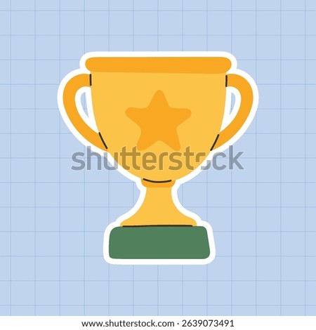 Gold trophy cup sticker with star icon and green base — flat vector illustration of a winner’s award symbol, perfect for achievement badges, school rewards, sports recognition, educational games.