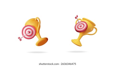 Gold trophy cup with target and arrow hitting bullseye. Victory and achievement concept for success business goal.