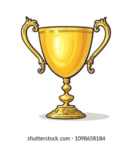 Gold Trophy Cup. Winner Concept. Hand drawn vector illustration isolated on white background.