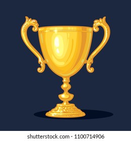 Gold Trophy Cup. Winner Concept. Hand drawn vector illustration isolated on dark blue background.