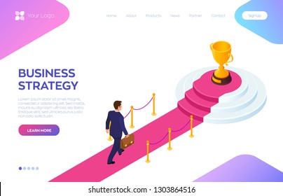 Gold Trophy Cup of the winner on round pedestal. Businessman with briefcase in hand walking on red carpet to the winner podium. Road to success. Business Strategy Concept. Vector Illustration.