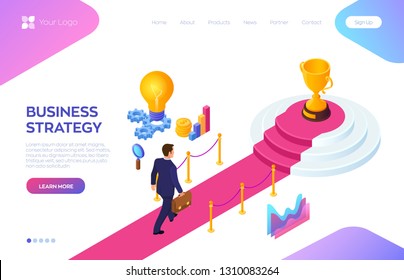 Gold Trophy Cup of the winner on round pedestal. Businessman with briefcase in hand walking on red carpet to the winner podium. Road to success. Business Strategy Concept. Vector Illustration.