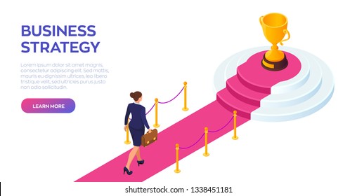 Gold Trophy Cup of the winner on a red carpet path. Businesswoman with briefcase in hand walking on red carpet to the success. Road to success. Business Strategy Concept. Vector Illustration.