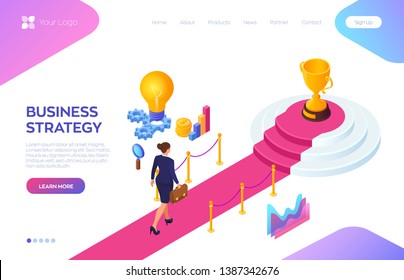 Gold Trophy Cup of the winner on a red carpet path. Businesswoman with briefcase in hand walking on red carpet to the success. Road to success. Business Strategy Concept. Vector Illustration.