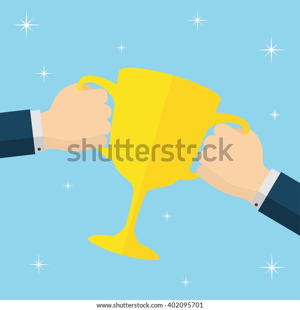Gold\
trophy cup of winner in two hands,\
illustration.
