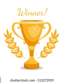 Gold trophy cup with wreath. Vector cartoon golden championship victory goblet isolated on white