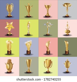 Trofeo de Oro y premios en formas abstractas con las estrellas y líneas. Conjunto vectorial realista, ilustración aislada en fondo multicolor