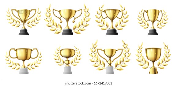 Gold trophy cups. Golden winners trophy with laurel wreath, champion cup realistic vector illustration set. Collection of goblet award with curve branch wreath