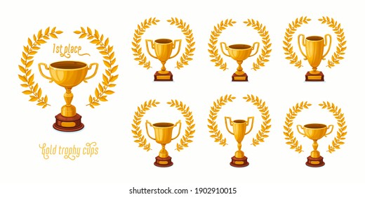 Gold trophy cups with laurel wreaths. Trophy award cups set with different shapes - 1st place winner trophies. Cartoon style vector illustration.