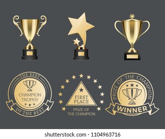 Gold trophy cups and medals for competition set. Shiny awards in sport tournament or creative achievements. Rewards isolated vector illustrations.
