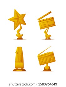 Gold trophy cups or prizes, movie and music awards vector. Star and clapperboard, metronome and radio shapes isolated rewards in cinema and musical art