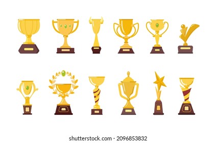 Gold trophy cups set. Vector illustrations of prizes for winners. Cartoon golden goblets for championship, sports game, competition or award ceremony isolated on white. Victory, celebration concept