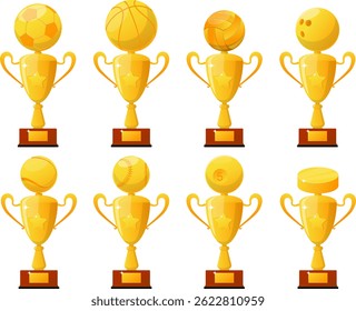 Gold trophy cups with gold sports balls set, awards to sports winners. Stock vector illustration