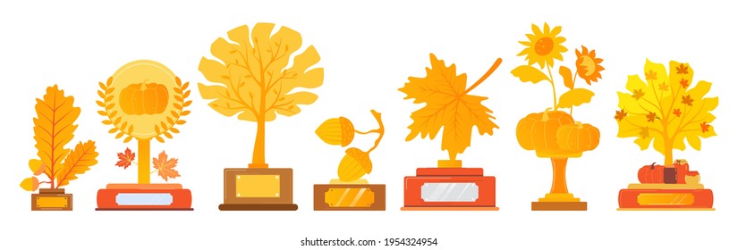 Gold trophy form plants, badge winner harvest, prize successful agriculture cartoon style vector illustration, isolated on white.
