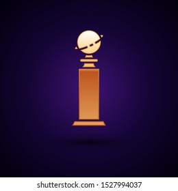 Gold Trophy Globe icon isolated on dark blue background. . Films and cinema symbol.  Vector Illustration