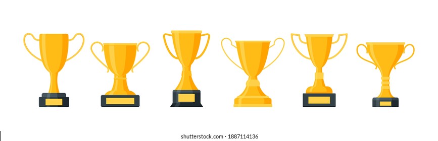 Juego de iconos de trofeo de oro o colección. Juego de premios de oro. Símbolos de éxito, recompensa por iconos planos ganadores. Premios deportivos. Símbolos trofeo. Ilustración del vector