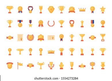 Gold trophy icon set design, Winner competition success sport achievement leadership and challenge theme Vector illustration