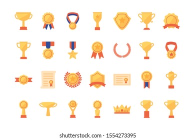 Gold trophy icon set design, Winner competition success sport achievement leadership and challenge theme Vector illustration