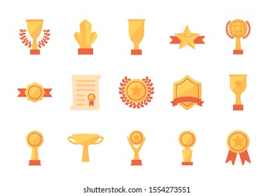 Gold trophy icon set design, Winner competition success sport achievement leadership and challenge theme Vector illustration