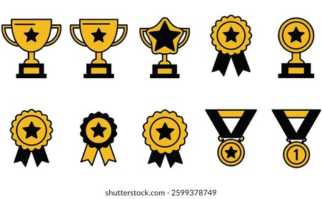 Gold Trophy Icon with Winner Cup and Medal Ribbon
