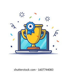 Gold Trophy And Laptop Vector Icon Illustration. Online Reward, Technology Icon Concept White Isolated. Flat Cartoon Style Suitable for Web Landing Page, Banner, Sticker, Background