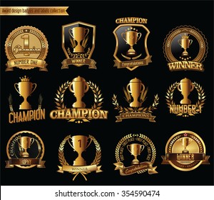 Gold trophy and medal with laurel wreath vector illustration