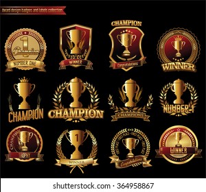 Gold trophy and medal with laurel wreath vector illustration